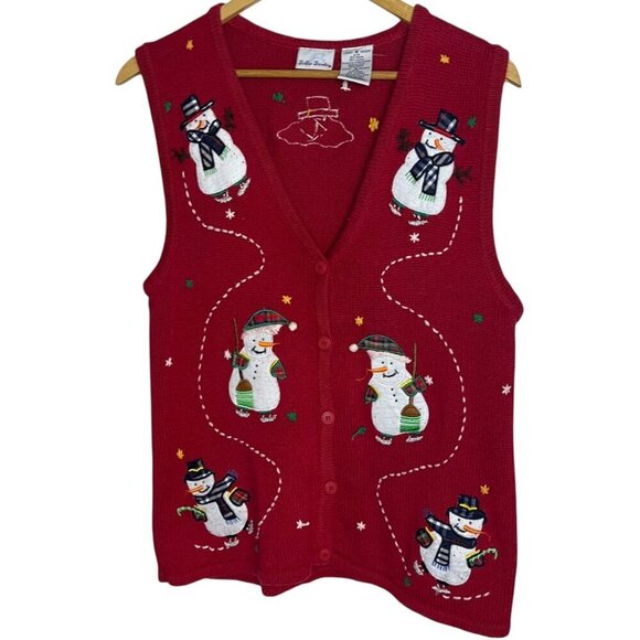 Vintage‎ Bobbie Brooks Women's M Sweater Vest Red Knit Christmas Snowman Xmas - Picture 1 of 8